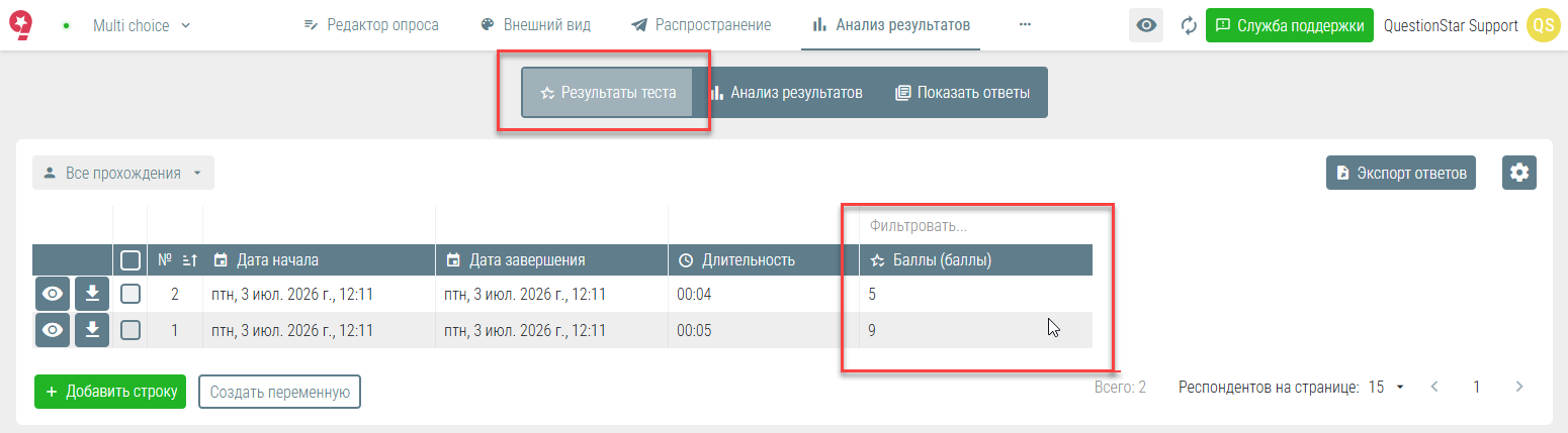 Результаты викторины с баллами респондентов в Questionstar