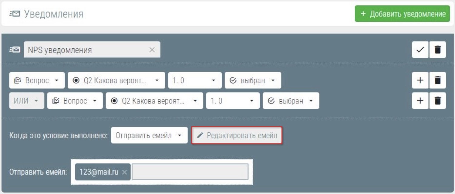 Настройка опрооса. «Редактировать емейл» , чтобы настроить содержимое уведомления в онлайн опросе.